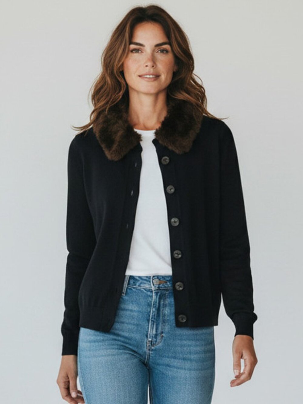 Banana Republic Faux Fur Removable Collar Black Cardigan Sweater S